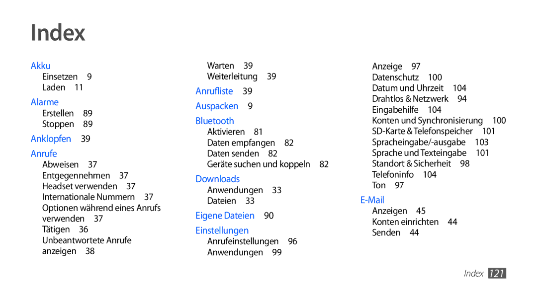 Samsung GT-S5670PWACOS, GT-S5670HKADBT, GT-S5670HKACOS manual Index, Tätigen 36 Unbeantwortete Anrufe anzeigen , Ton  